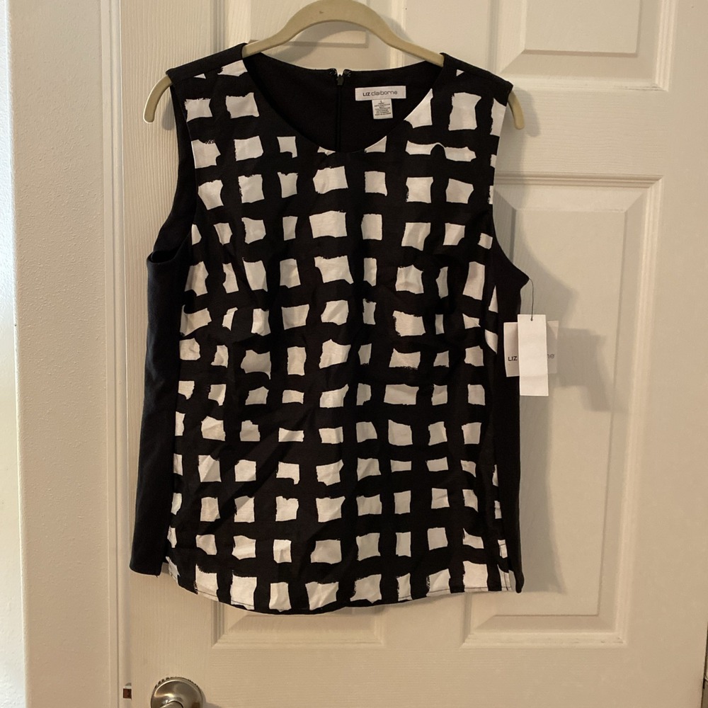 Liz Claiborne Black And White Top‎ Size L Sleeveless Zipper Back